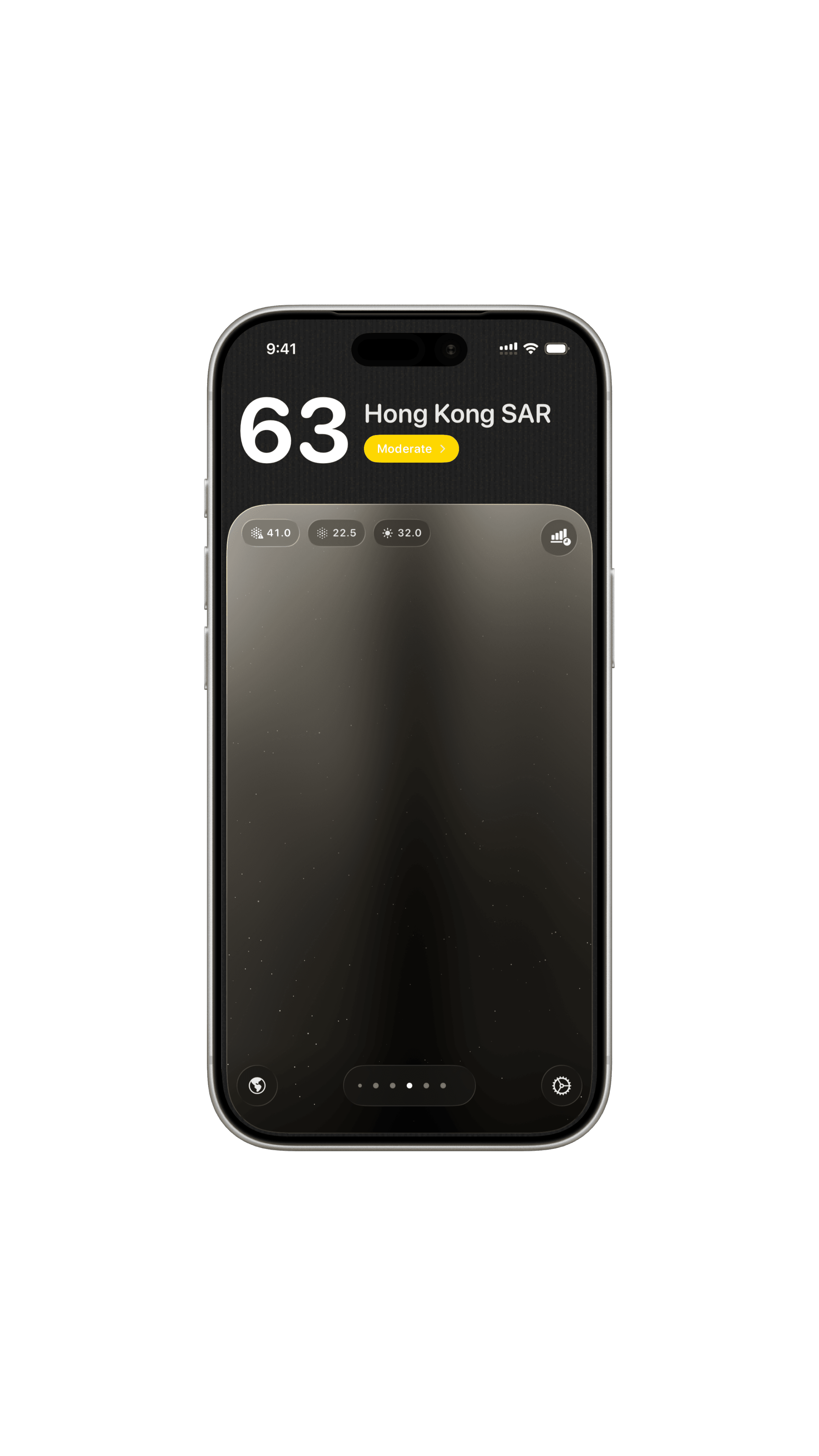 Mote home screen showing an AQI of 63 for Hong Kong SAR