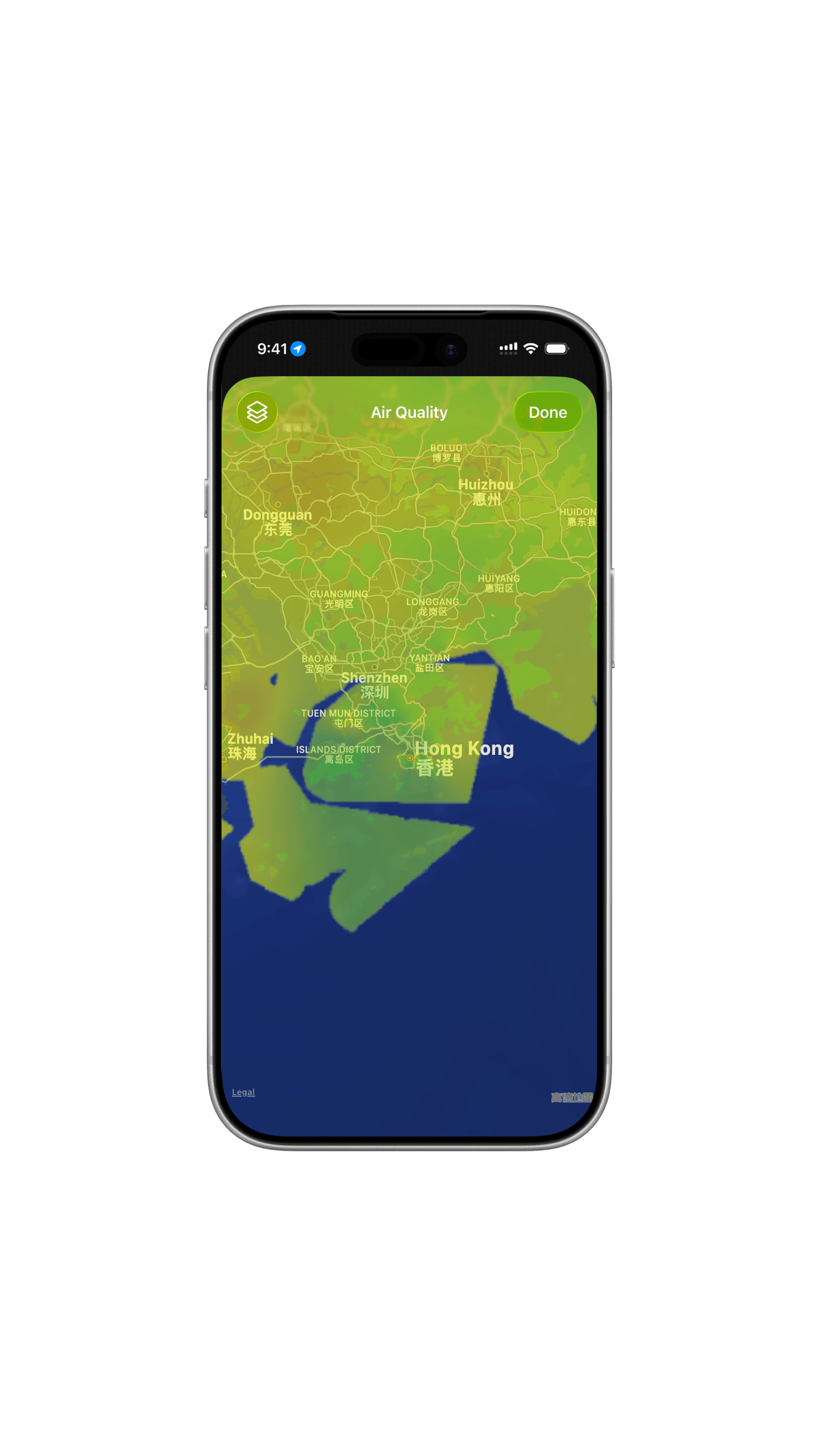 Mote map view showing the air quality heatmap over Hong Kong and Shenzhen